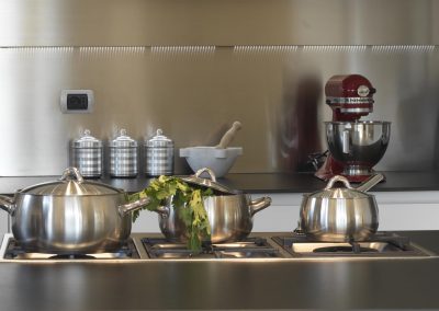 steel pans in modern kitchen and household appliances with orange and celery